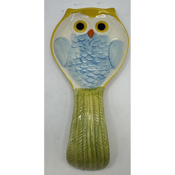 Pier One Imports Blue Green Yellow Ceramic Owl Cooking Spoon Utensil Rest OWL - Picture 1 of 4